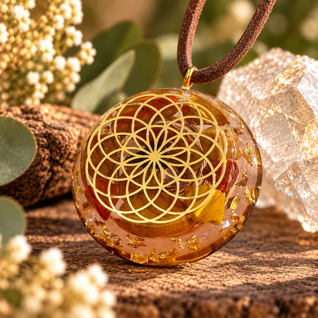 Navajo Jasper Orgonite Pendant with Elite Shungite – Sacred Geometry Necklace with 24k Gold Leaf
