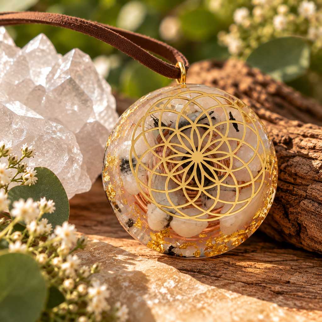 Tourmaline Quartz Orgonite Pendant with Elite Shungite – Sacred Geometry Necklace with 24k Gold Leaf