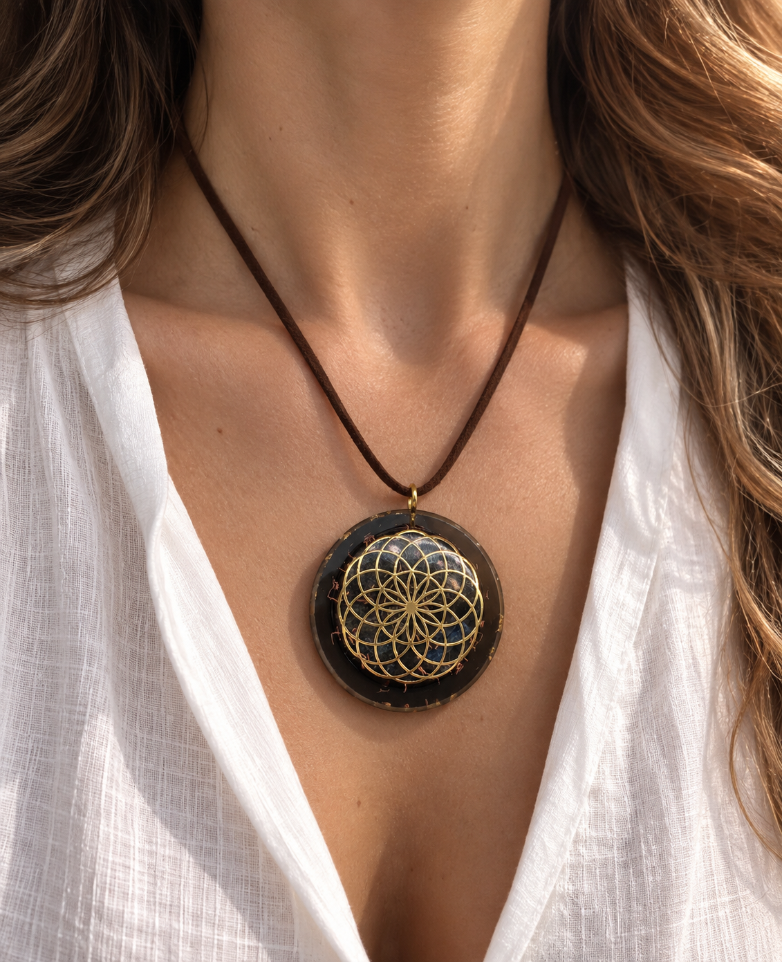 Eternal Lotus Orgonite Pendant with Elite Shungite – Sacred Geometry Necklace with 24k Gold Leaf