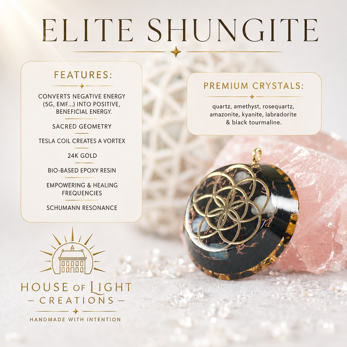 Moss Agate Orgonite Pendant with Elite Shungite – Sacred Geometry Necklace with 24k Gold Leaf