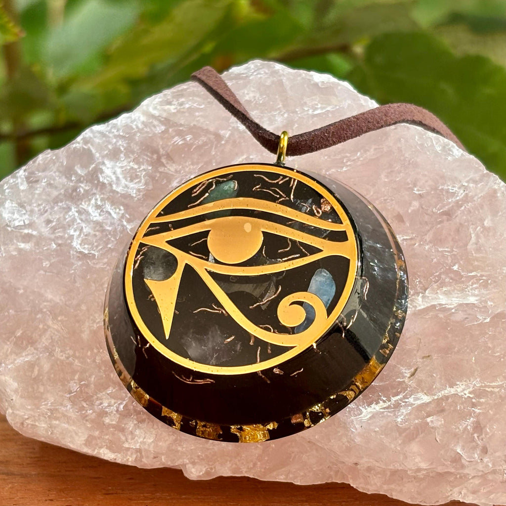 Eye of Horus Orgonite Pendant with Elite Shungite – Sacred Geometry Necklace with 24k Gold Leaf