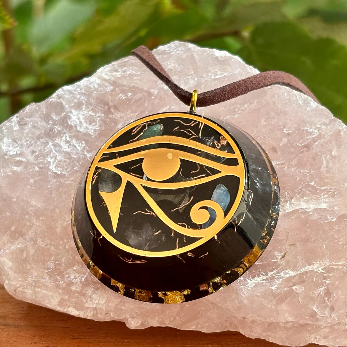 Eye of Horus Orgonite Pendant with Elite Shungite – Sacred Geometry Necklace with 24k Gold Leaf