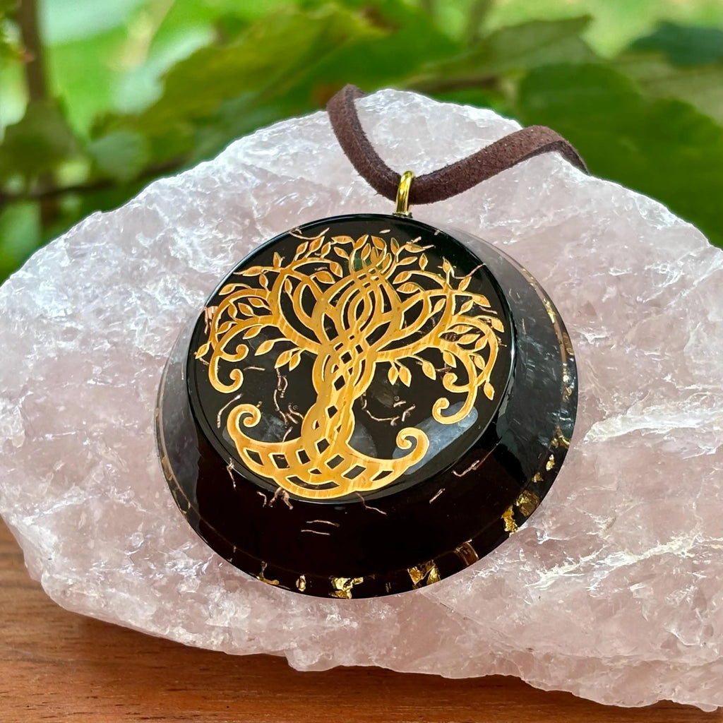 Tree of Life Orgonite Pendant with Elite Shungite – Sacred Geometry Necklace with 24k Gold Leaf