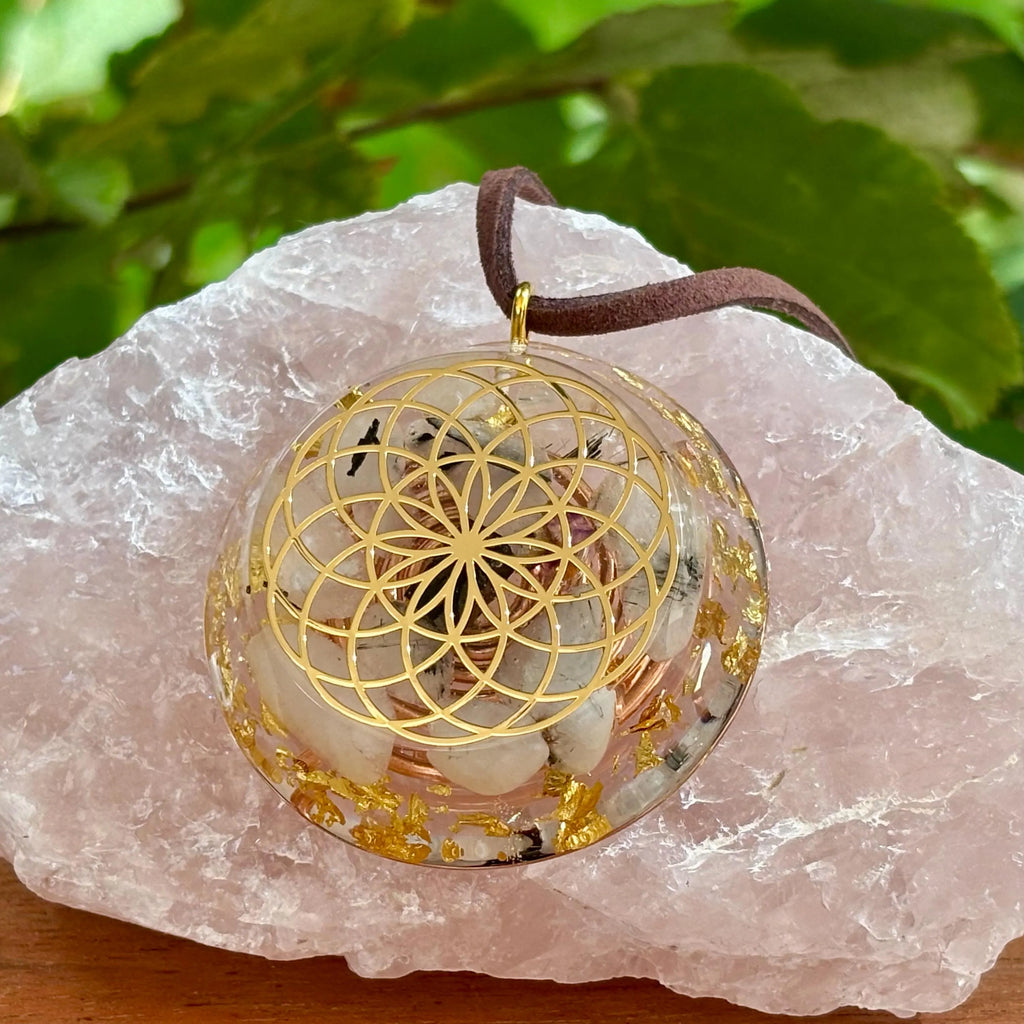 Tourmaline Quartz Orgonite Pendant with Elite Shungite – Sacred Geometry Necklace with 24k Gold Leaf