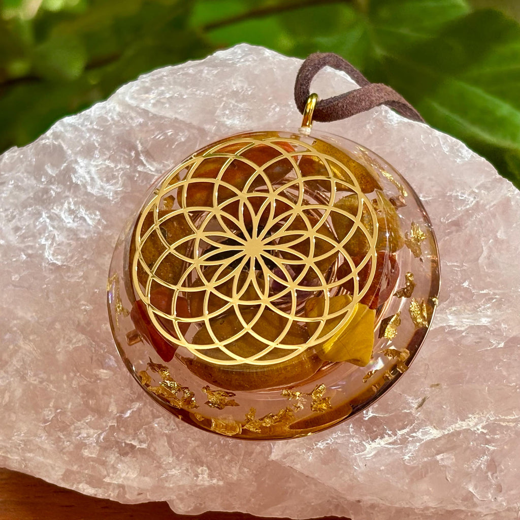 Navajo Jasper Orgonite Pendant with Elite Shungite – Sacred Geometry Necklace with 24k Gold Leaf