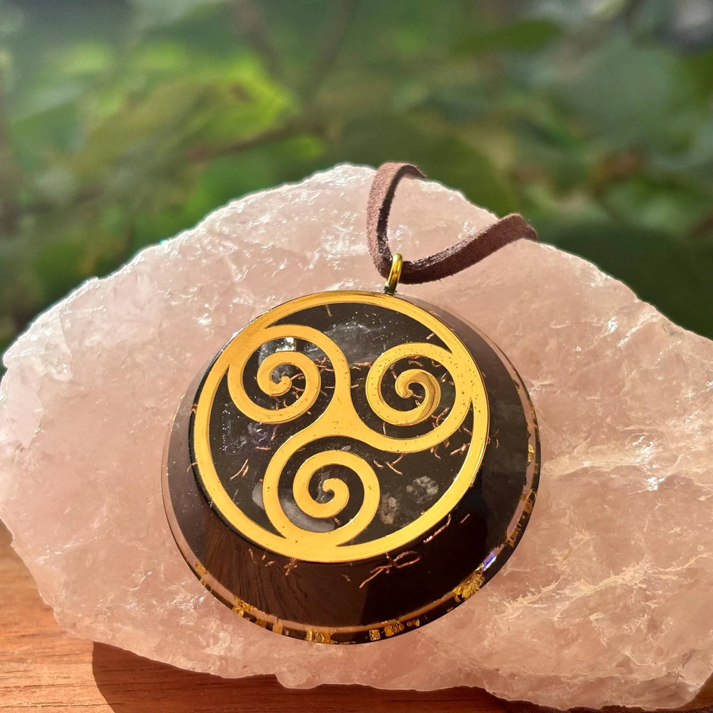 Triskelion Orgonite Pendant with Elite Shungite – Sacred Geometry Necklace with 24k Gold Leaf