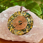 Moss Agate Orgonite Pendant with Elite Shungite – Sacred Geometry Necklace with 24k Gold Leaf