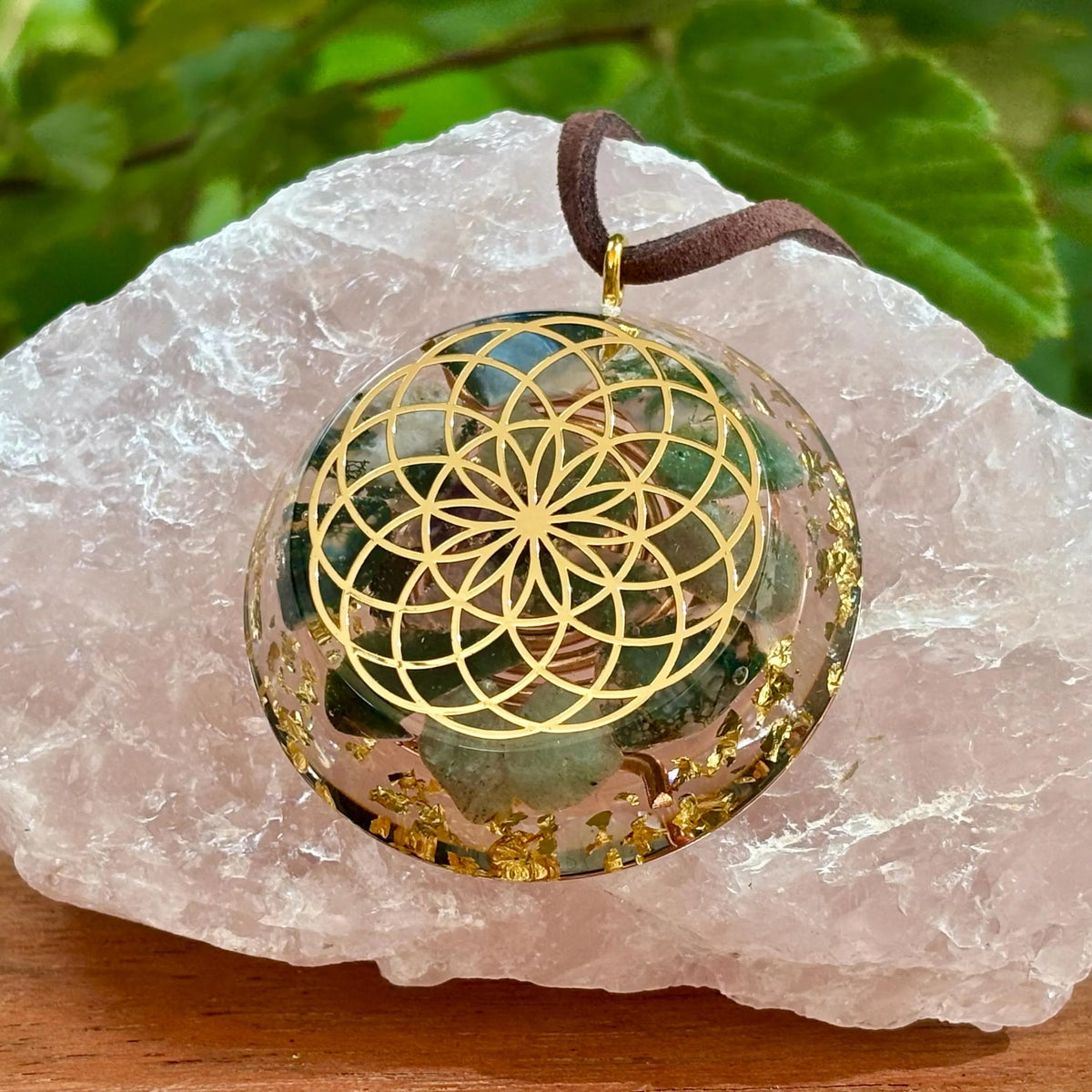 Moss Agate Orgonite Pendant with Elite Shungite – Sacred Geometry Necklace with 24k Gold Leaf