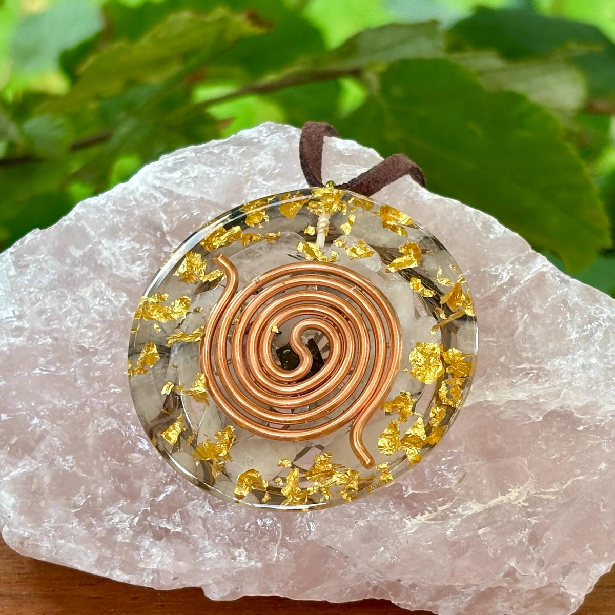 Tourmaline Quartz Orgonite Pendant with Elite Shungite – Sacred Geometry Necklace with 24k Gold Leaf