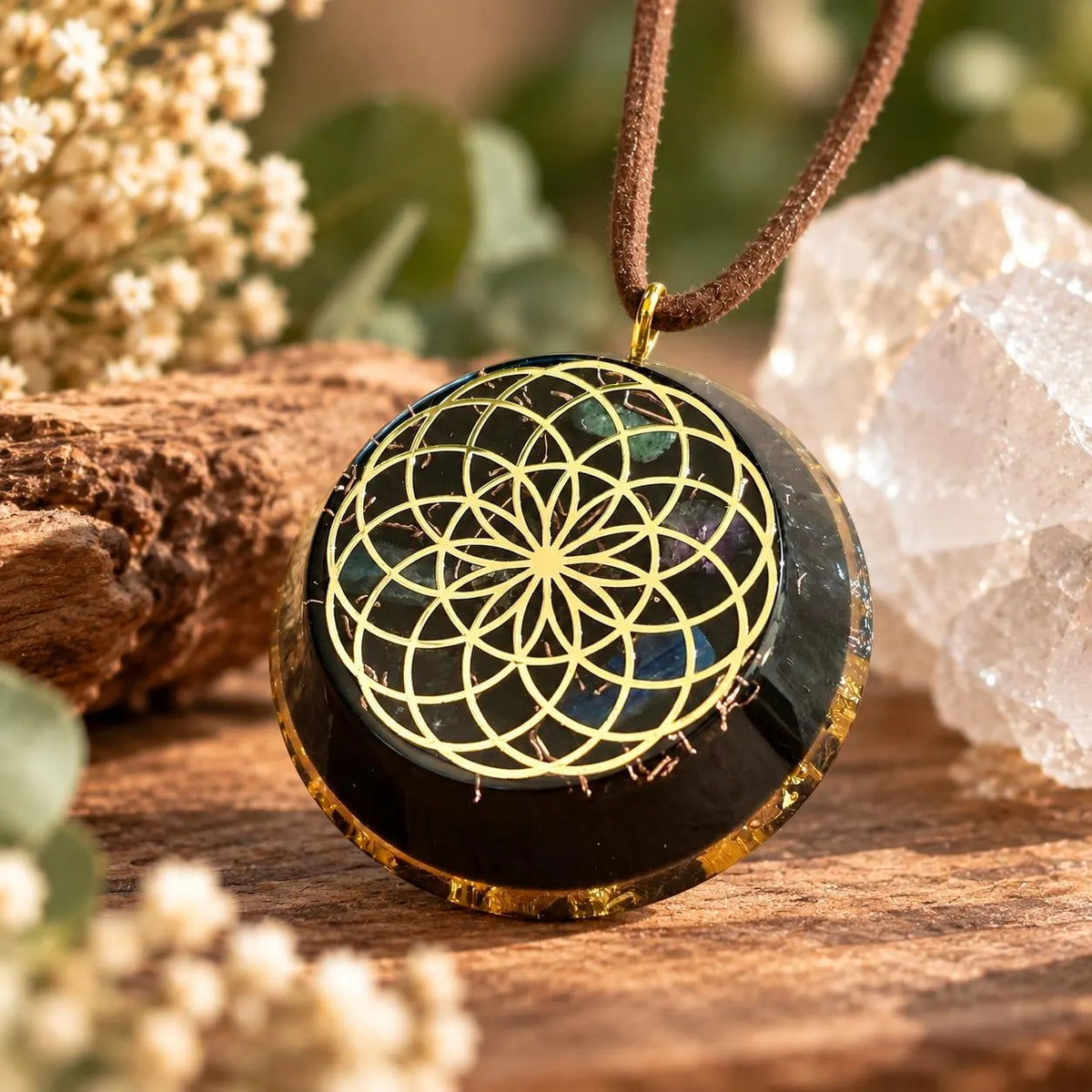 Eternal Lotus Orgonite Pendant with Elite Shungite – Sacred Geometry Necklace with 24k Gold Leaf