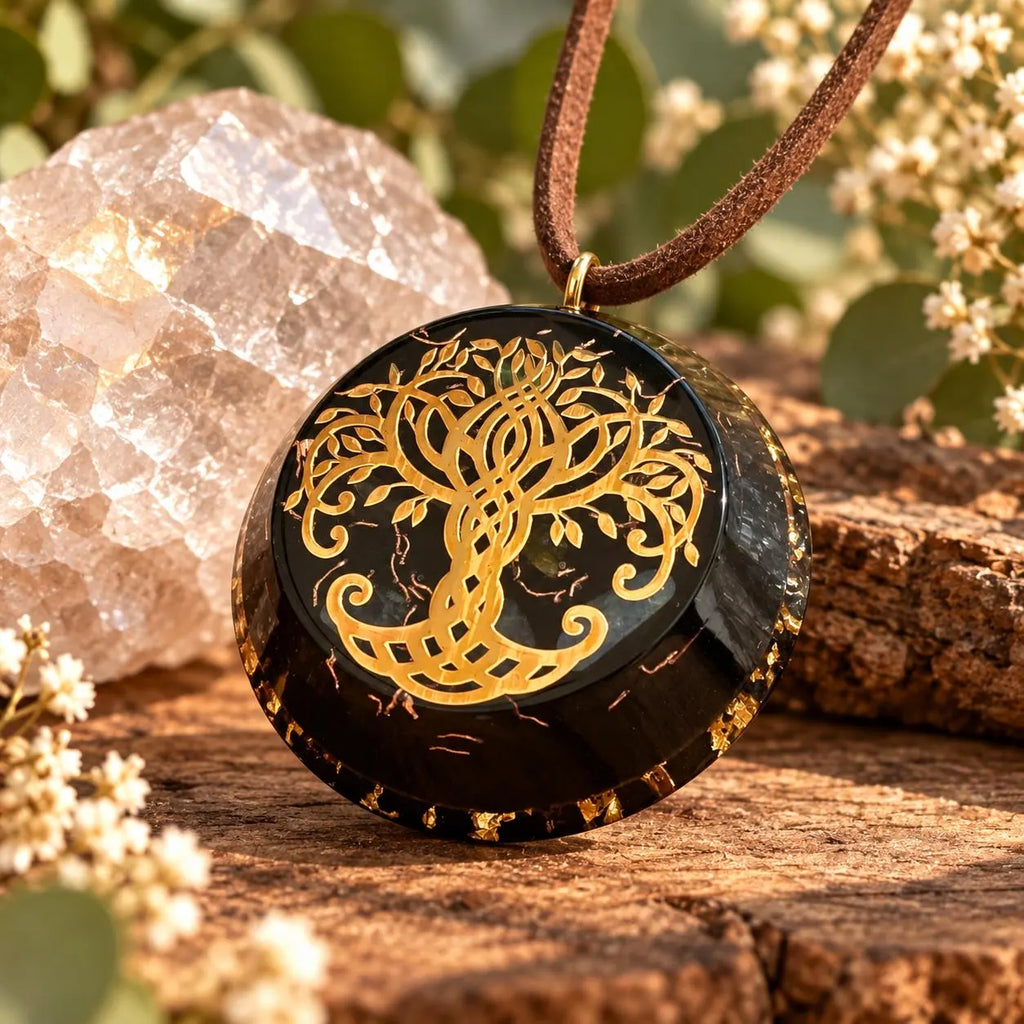 Tree of Life Orgonite Pendant with Elite Shungite – Sacred Geometry Necklace with 24k Gold Leaf