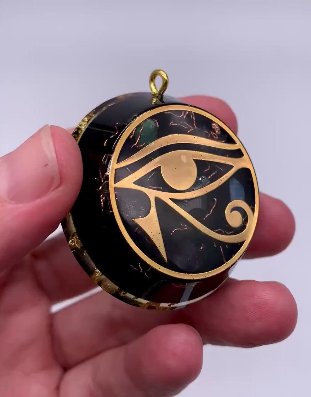 Eye of Horus Orgonite Pendant with Elite Shungite – Sacred Geometry Necklace with 24k Gold Leaf