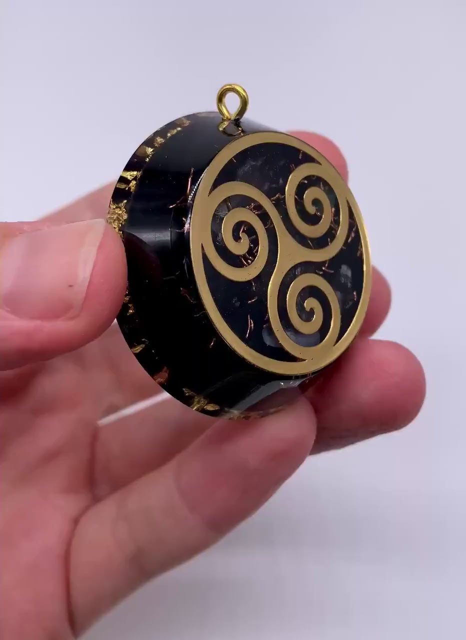 Triskelion Orgonite Pendant with Elite Shungite – Sacred Geometry Necklace with 24k Gold Leaf