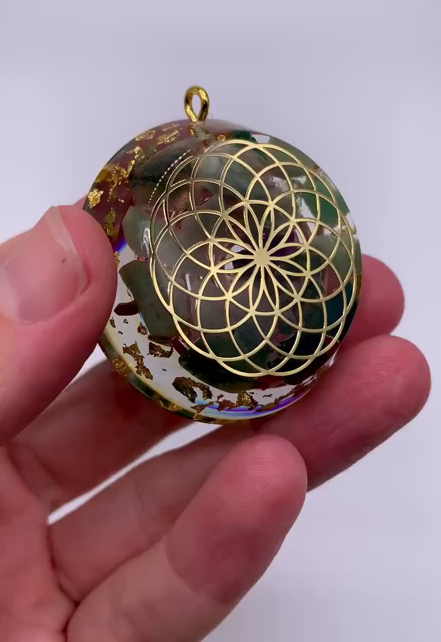 Moss Agate Orgonite Pendant with Elite Shungite – Sacred Geometry Necklace with 24k Gold Leaf