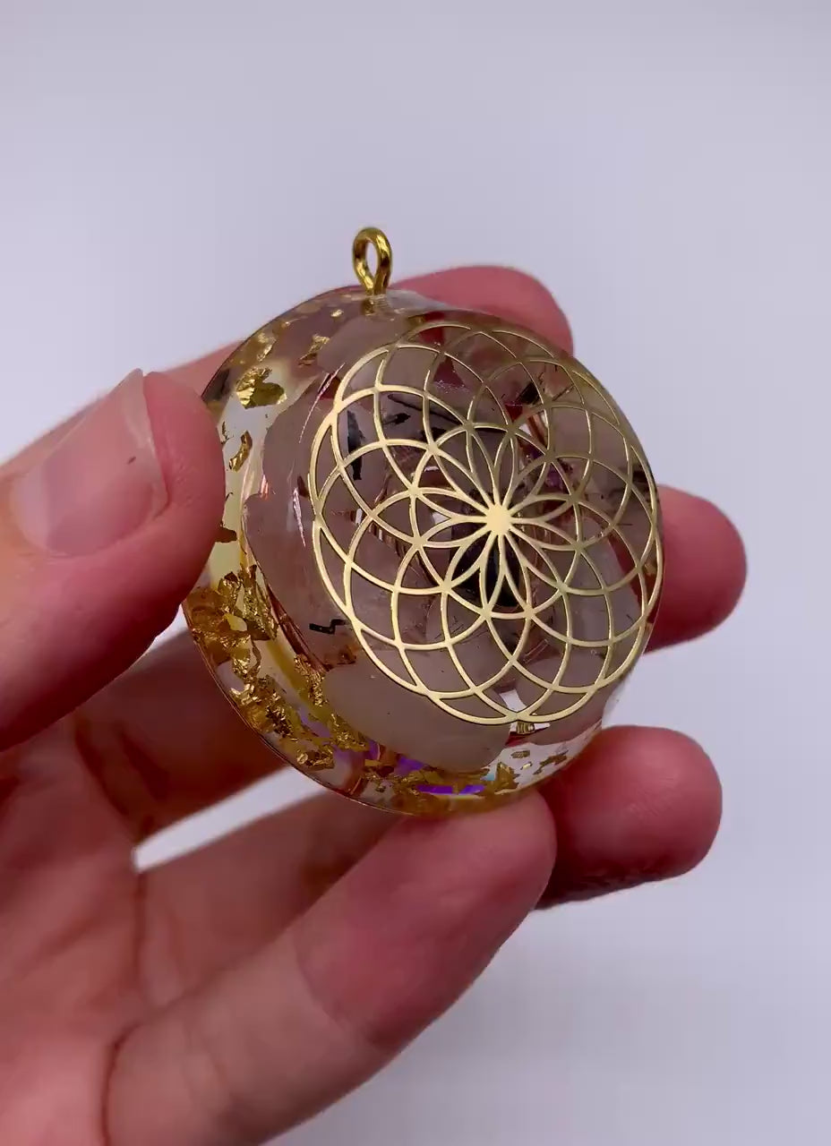 Tourmaline Quartz Orgonite Pendant with Elite Shungite – Sacred Geometry Necklace with 24k Gold Leaf
